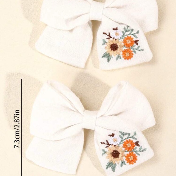 White 2pc Hair Bows with Floral Embroidery - Picture 5 of 7